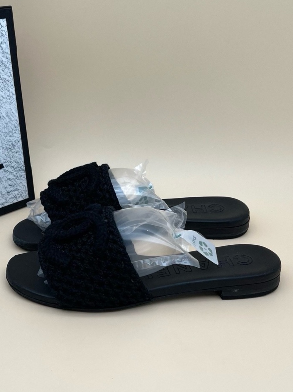 CHANEL Black Crochet Slide Sandals with CC Emblem - Picture 2 of 7